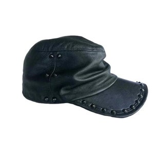 Handcrafted Black Goat Leather Kepi Hat: Studded Military Cap