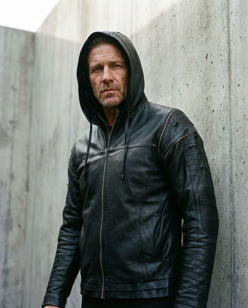 SHREDDED JACKET - littleKINGDesigns - Men’s black cabretta leather jacket with hood, distressed sleeves, ribbed detailing, and front zipper