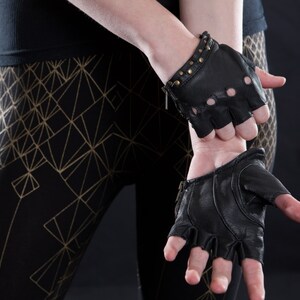 LEATHER HALF GLOVES Leather Gloves, Biker, Motorcycle, Apocalyptic, High Fashion, Accessories Black Nickel Access.