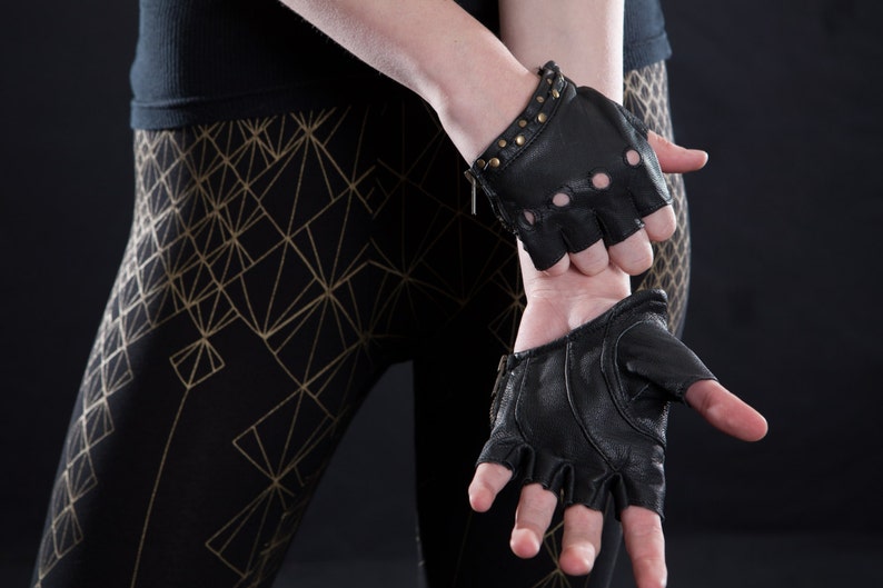 LEATHER HALF GLOVES Leather Gloves, Biker, Motorcycle, Apocalyptic, High Fashion, Accessories Black Nickel Access.