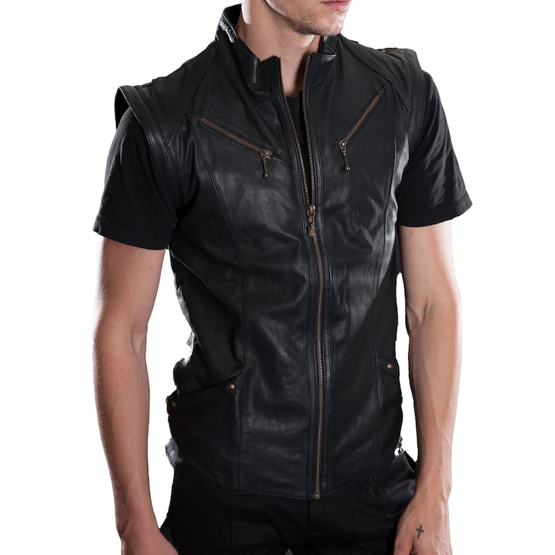 TRYST VEST Leather Vest, Riding Vest, Brass, Black, Mens, Burning Man, Handmade, Festival Fashion image 1
