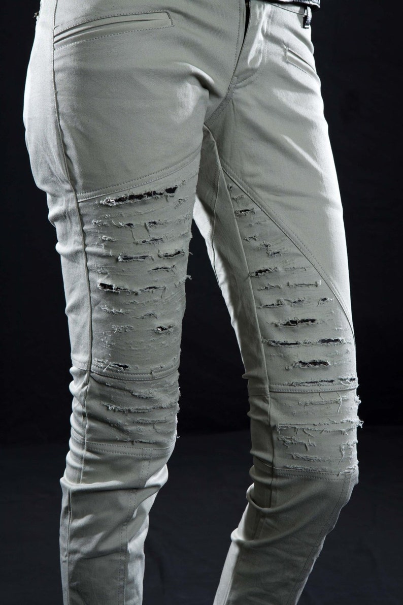 WOMEN'S GRUNGE PANTS Distressed Cotton Pants with Leather Black, Grey, burner wear, streetwear, festival fashion Gray