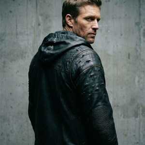 SHREDDED JACKET - littleKINGDesigns - Men’s black cabretta leather jacket with hood, distressed sleeves, ribbed detailing, and front zipper