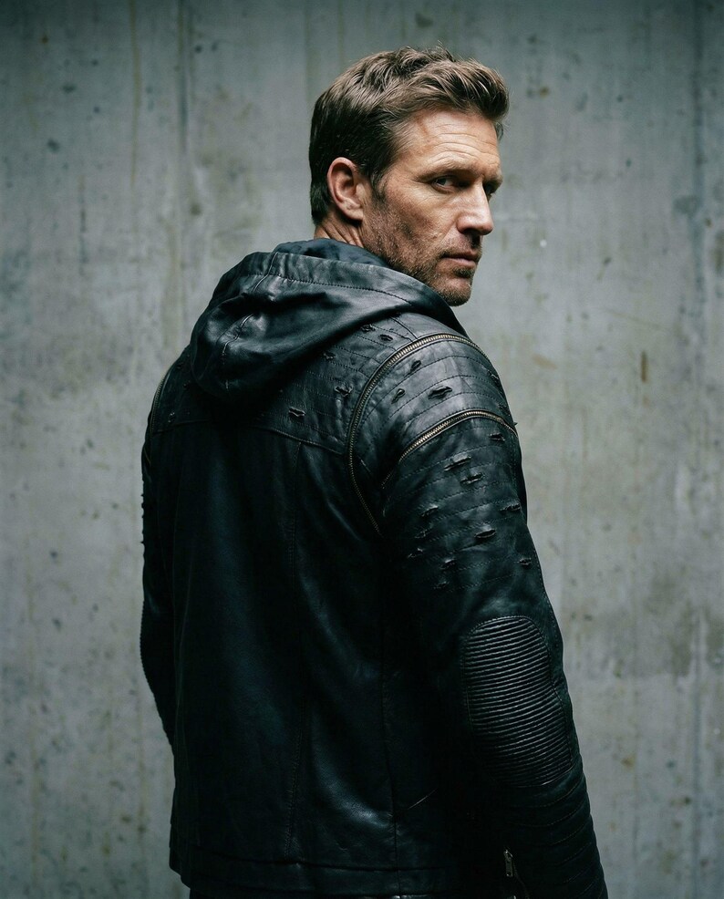 SHREDDED JACKET - littleKINGDesigns - Men’s black cabretta leather jacket with hood, distressed sleeves, ribbed detailing, and front zipper