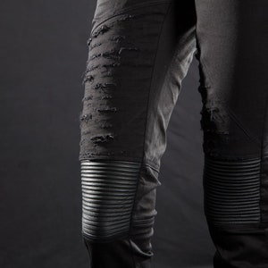 WOMEN'S GRUNGE PANTS Distressed Cotton Pants with Leather Black, Grey, burner wear, streetwear, festival fashion image 4