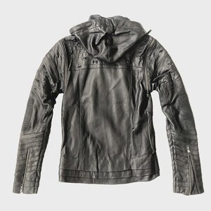 SHREDDED JACKET - littleKINGDesigns - Men’s black cabretta leather jacket with hood, distressed sleeves, ribbed detailing, and front zipper