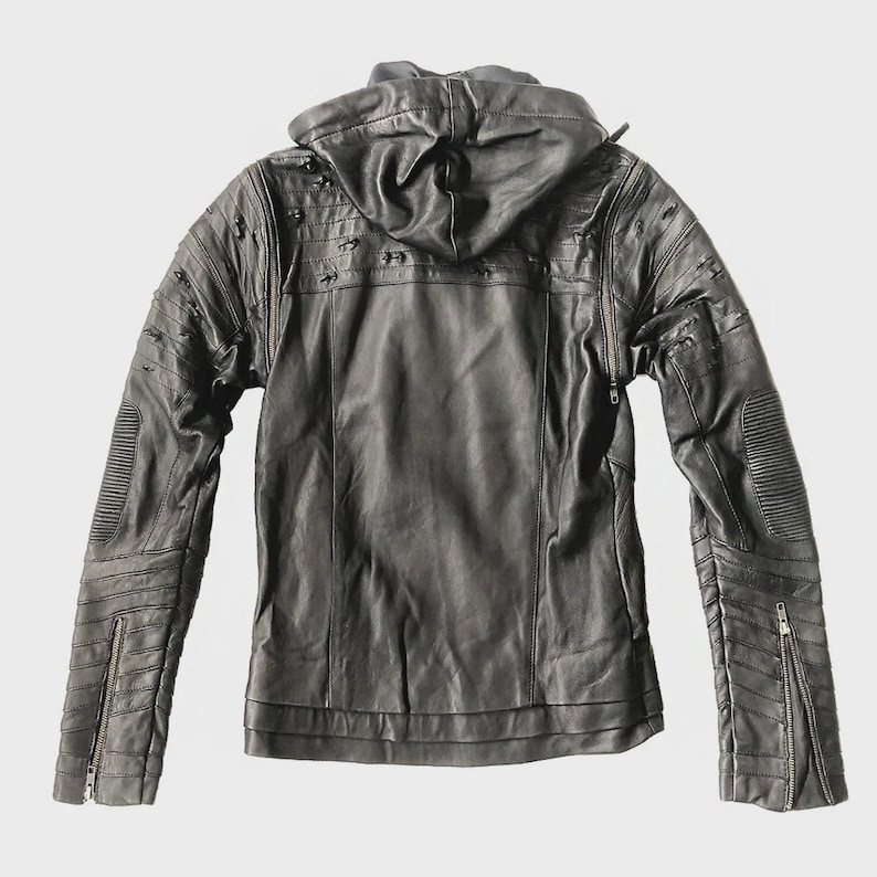 SHREDDED JACKET - littleKINGDesigns - Men’s black cabretta leather jacket with hood, distressed sleeves, ribbed detailing, and front zipper