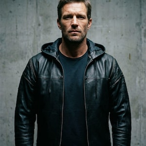 Puede incluir: Chaqueta con capucha de cuero negro con cierre de cremallera. La chaqueta tiene un diseño acolchado en los hombros y las mangas. La persona lleva una camiseta azul oscuro debajo de la chaqueta.