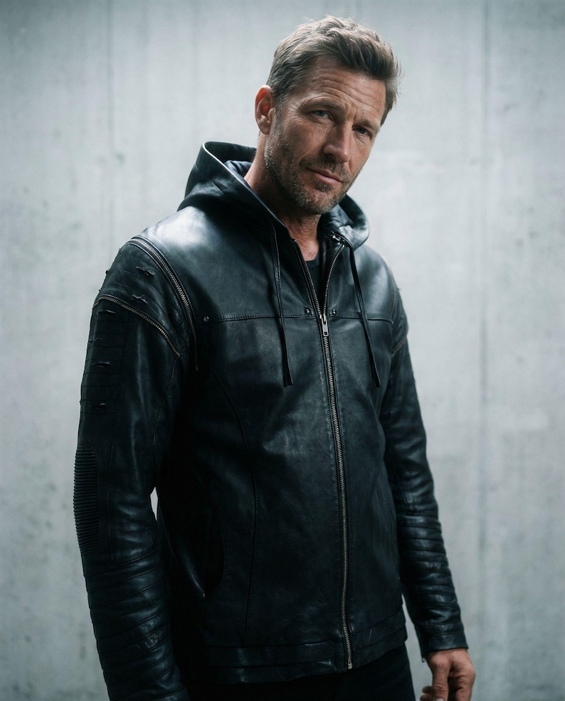 SHREDDED JACKET - littleKINGDesigns - Men’s black cabretta leather jacket with hood, distressed sleeves, ribbed detailing, and front zipper