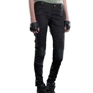 WOMEN'S GRUNGE PANTS Distressed Cotton Pants with Leather Black, Grey, burner wear, streetwear, festival fashion image 1