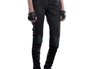 WOMEN'S GRUNGE PANTS - Distressed Cotton Pants with Leather - Black, Grey, burner wear, streetwear, festival fashion