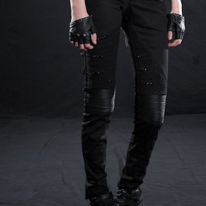 WOMEN'S GRUNGE PANTS Distressed Cotton Pants with Leather Black, Grey, burner wear, streetwear, festival fashion Black