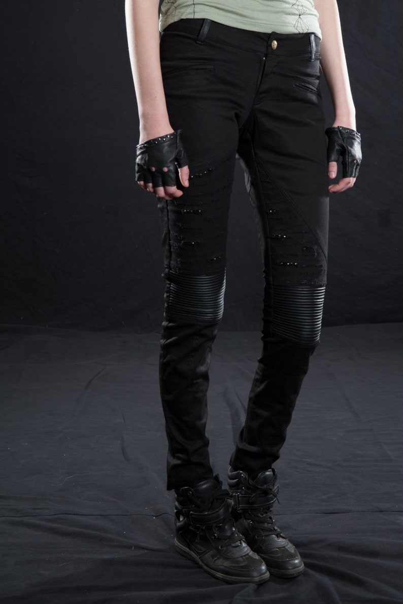 WOMEN'S GRUNGE PANTS Distressed Cotton Pants with Leather Black, Grey, burner wear, streetwear, festival fashion Black