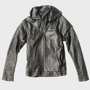 SHREDDED JACKET - littleKINGDesigns - Men’s black cabretta leather jacket with hood, distressed sleeves, ribbed detailing, and front zipper