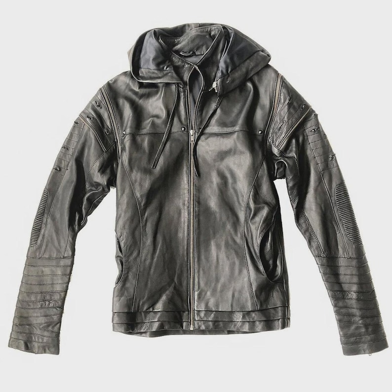 SHREDDED JACKET - littleKINGDesigns - Men’s black cabretta leather jacket with hood, distressed sleeves, ribbed detailing, and front zipper