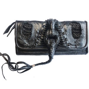 INDRA CLUTCH Black leather clutch with apocalyptic details, burning man, festival fashion image 1