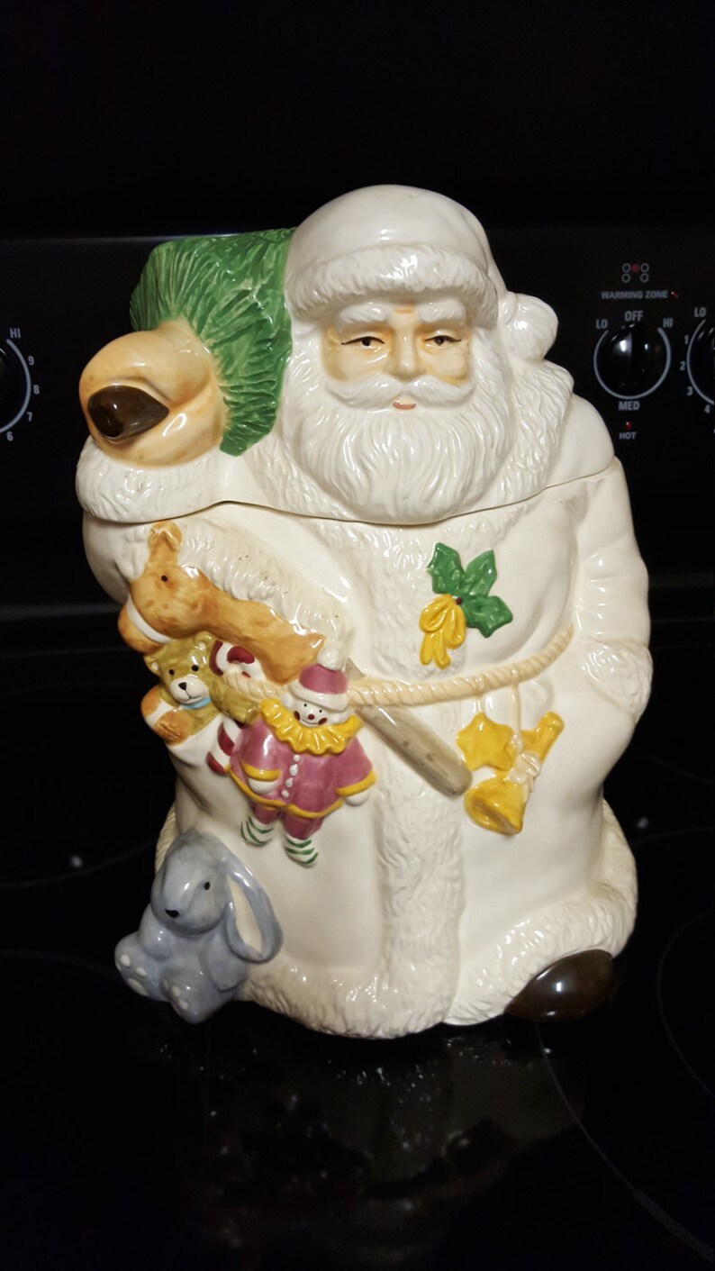 Details about   Vtg ENESCO Taiwan Santa Cookie Jar Holding Letter and Eating a Cookie 11" Tall 