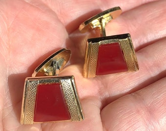 Rote Vintage Manschettenknöpfe Manchettenknöpfe retro vergoldete Cufflinks 60-er 70-er Jahre, Manschette Mann, Manchette für ihn rot-gold