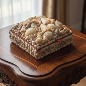 Puede incluir: Una caja decorativa cuadrada cubierta de conchas marinas, sobre una mesa de madera oscura. La caja tiene un borde rojo y está llena de conchas marinas beige y blancas. La mesa tiene tallas ornamentales y es de madera oscura.