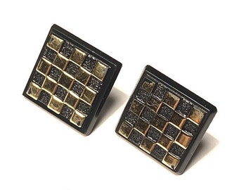 Karierte Manschettenknöpfe Manchettenknöpfe 70-er Jahre cufflinks schachbrett, Schach muster, schwarz gold kariert, retro cufflinks black