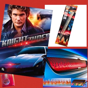 Peut inclure: Un collage présentant une affiche du film K2000 avec une voiture, un paquet de lumières LED et un feu arrière de voiture avec un motif de flamme. L'affiche montre un homme et une voiture noire. Le feu arrière a un motif de flamme rouge.