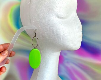 2pcs Long neon green vintage earrings 1970s statement earrings large retro earrings acrylic, disco earrings unusual style green