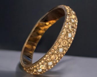 Vintage Gold Tone Rhinestone Bangle, Old Statement Bangle, Gold Bangle, Sparkling Bangle, Evening Bangle, Ornate Pattern Bangle, 64 mm DM