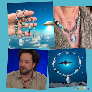 May include: Handmade beaded necklaces featuring turquoise, brown, and white beads, and a large pendant. The necklaces are displayed against a backdrop of a UFO and a blue sky. The necklaces are shown in different settings.