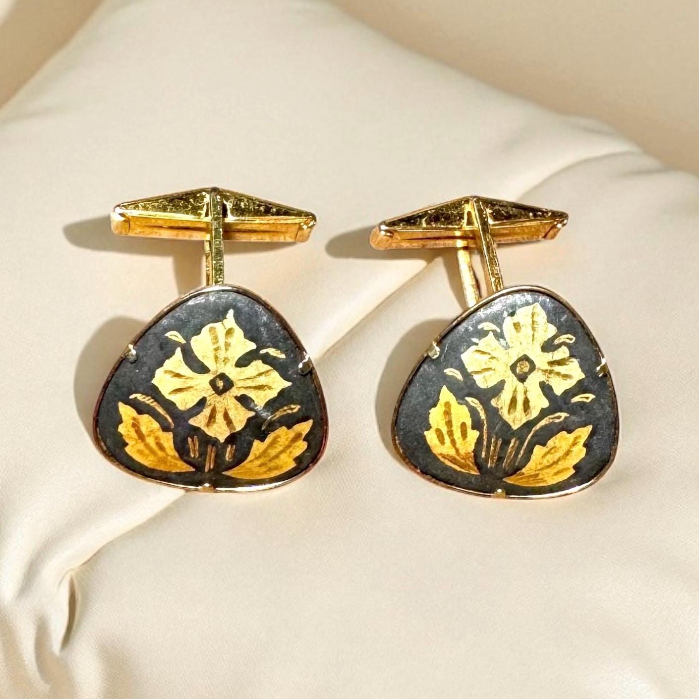 Boutons De Manchette Vintage Espagne Damascene - Or Et Noir - Pour Homme, Occasion