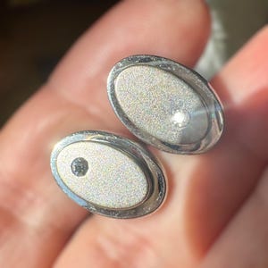 Small vintage cufflinks made of shiny stainless steel with rhinestones – Elegant jewelry 70s, gift accessory for him her