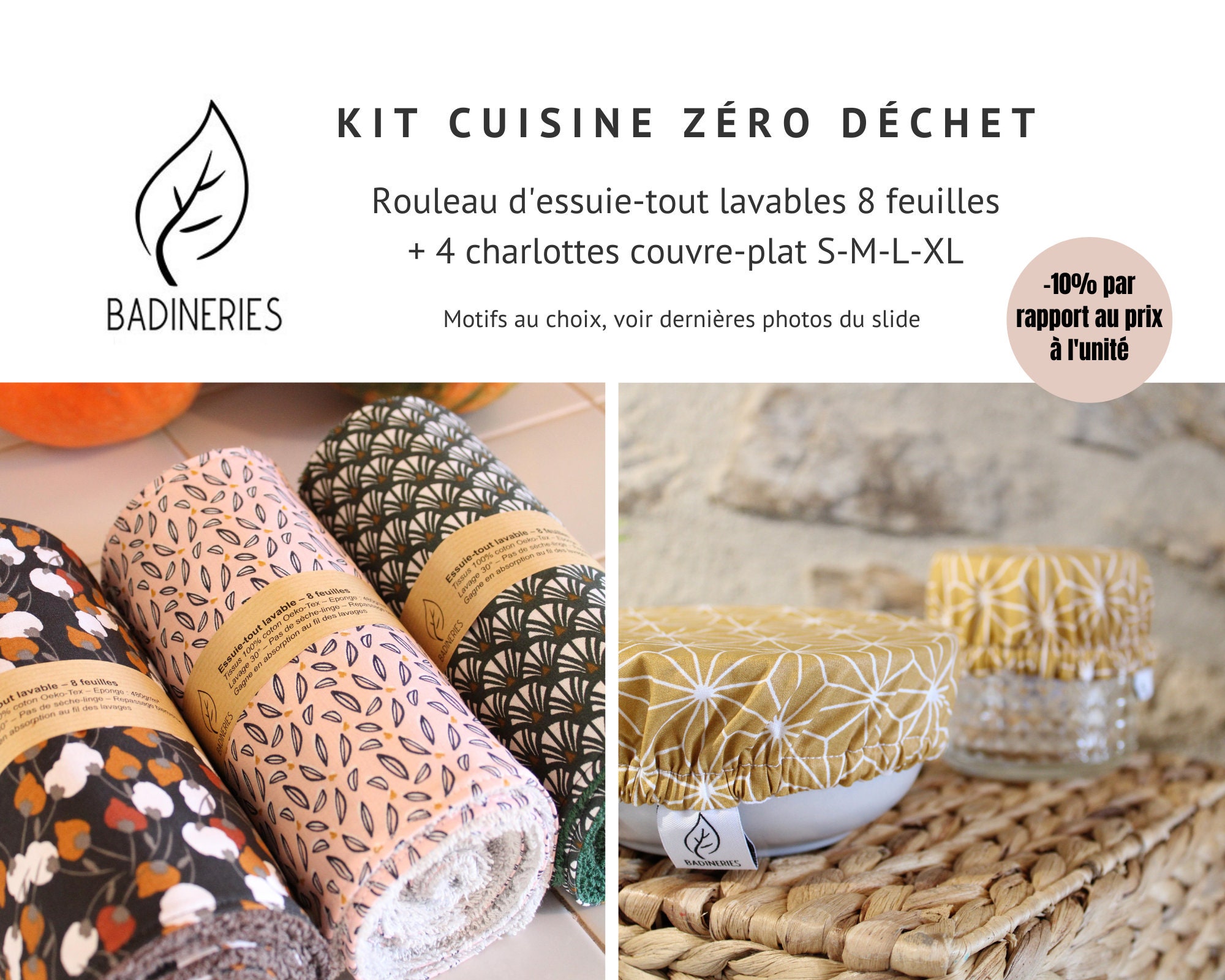 Kit Cuisine Zéro Déchet Essuie-Tout Lavable 8 Feuilles + Charlottes Couvre-Plat 4 Tailles. Cadeau Cr