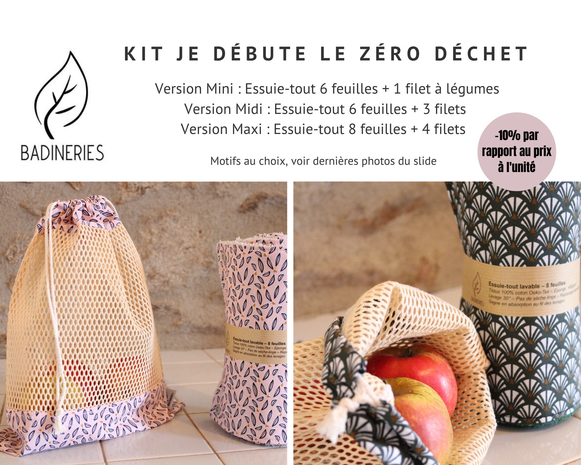 Kit Je Débute Le Zéro Déchet Rouleau Essuie-Tout Lavable + Filet à Légumes. Nombreux Motifs, Idée Ca