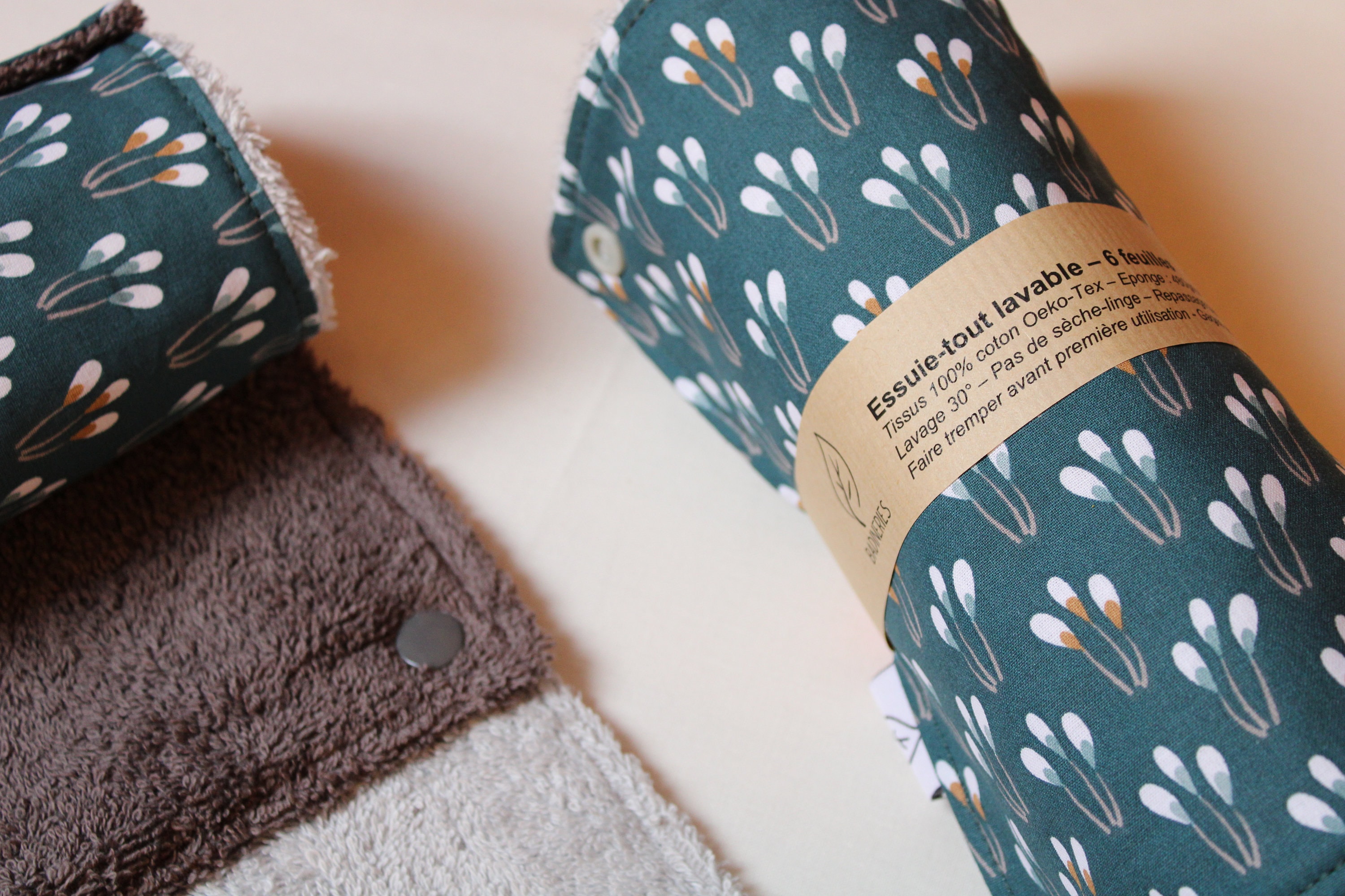 Rouleau Essuie-Tout Lavable Zero Dechet, 100% Coton Oeko-Tex, Motif Vert Émeraude, Deux Coloris d'ép