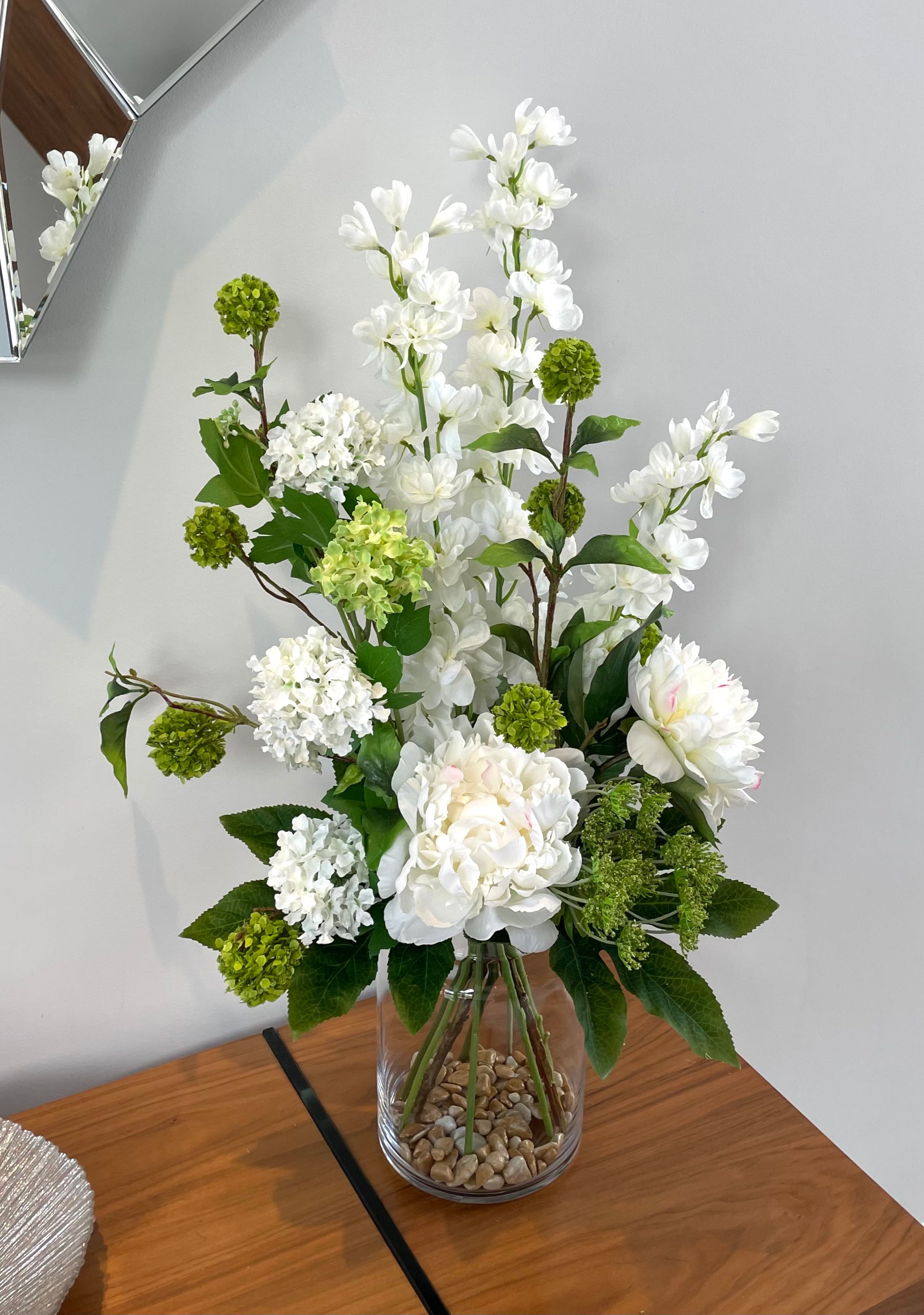 Classic White and Green Floral Arrangement Delphinium, Peonies and