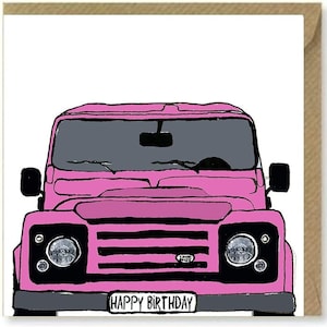 CARTÃO DE ANIVERSÁRIO Land Rover | Ilustração Defensor Rosa | Cartão de cumprimentos do carro antigo | Entusiasta de carros | Carro clássico fora de estrada |