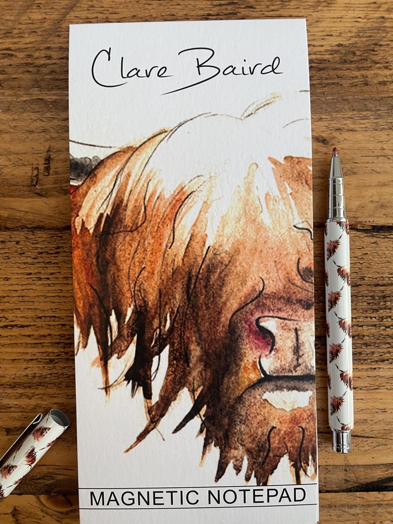 Pu&ograve; includere: Un primo piano di un dipinto ad acquerello del viso di una mucca delle Highlands. Il dipinto &egrave; su uno sfondo bianco con il testo "Clare Baird" e "MAGNETIC NOTEPAD" stampato sotto l'immagine.