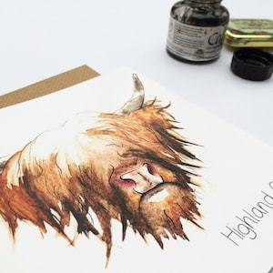 CARD Saluti della mucca delle Highland e note adesive della mucca delle Highland / Biglietto e regalo della mucca delle Highland / Carte della fauna selvatica / Fauna selvatica scozzese