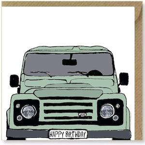 CARTÃO DE ANIVERSÁRIO Land Rover | Ilustração clássica do defensor verde de Keswick | Foto de carro antigo | Entusiasta de carros | Carro clássico fora de estrada |