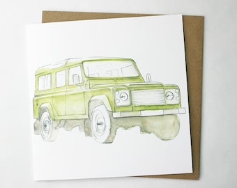 d'illustration du défenseur Land Rover Cartes De Vœux | Voiture classique | Carte d'enthousiaste de Landy | Vert | amateur de couverture végétale