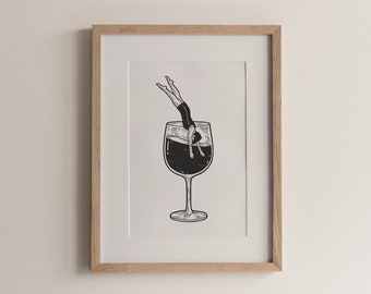 Man Diving Into Wineglass Printable Wall Art, Retro Wine Print, Funny Wine Art Poster, Happy Hour Bar Cart Kitchen Print, Wine Lover Gift