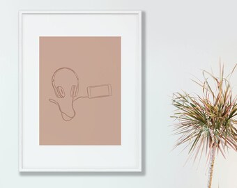 Casque, impression fine ligne, neutre, art abstrait, dessin au trait, art mural scandinave, impression poster, art mural imprimable minimaliste, musique