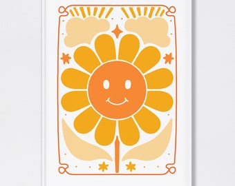 Boho Happy Flower Print, Retro Nursery Wall Art, Smiley Flower Poster, Groovy Kids Room Decor, Printable Download
