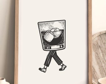 Whiskey Art Print, Retro Bar Cart Decor, Minimalist Bar Poster (Digital Download)
