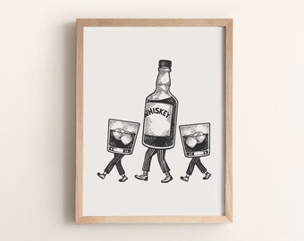 Whiskey Bottle and Glasses Printable Wall Art Bar Cart Kitchen Lounge Wall Decor Prints Funny Happy Hour Illustration Wall Poster