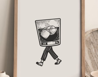 Whiskey Art Print, Retro Bar Cart Decor, Vintage Whiskey Wall Art, Minimalist Bar Poster, Printable Download