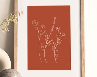 Wildflower Line Art, Terracotta Floral Print, Botanical Wall Art, Boho Wall Decor, Minimalist Flower Poster, Digital Download