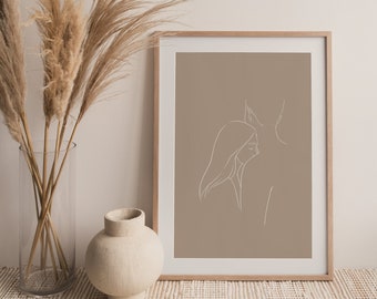 Couple in Love Line Art – Minimalist Printable Wall Art, Romantic One Line Drawing, Boho Bedroom Digital Download