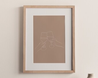 Wine Glass Print, Fine Line Wine Art, Cheers, Lounge Art, Line Drawing, Minimal Print, Gallery Wall, Wine Lover, Instant Download, Prints