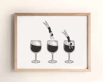 Man Diving Into Wineglass Printable Wall Art, Retro Wine Print, Funny Wine Art Poster, Happy Hour Bar Cart Kitchen Print, Wine Lover Gift