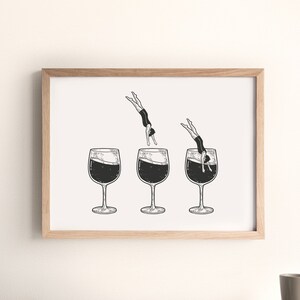 Man Diving Into Wineglass Printable Wall Art, Retro Wine Print, Funny Wine Art Poster, Happy Hour Bar Cart Kitchen Print, Wine Lover Gift